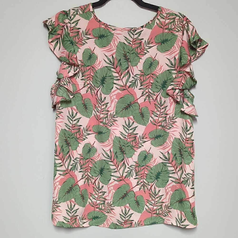 IB Diffusion Pink Tropical V Neck Flutter Sleeve - Picture 4 of 4